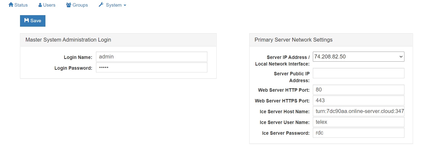 screenshot of the Telex RDC system settings